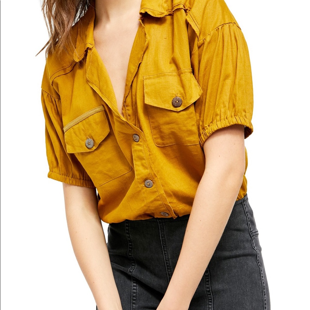 New FREE PEOPLE Mustard So-Fari Satin Utility Bodysuit Short Sleeve Alchemy Sz S